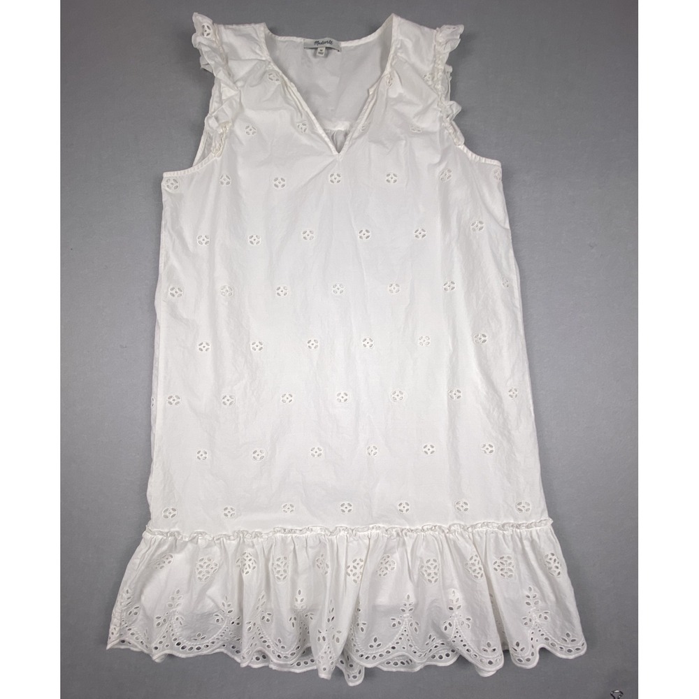 Madewell White Eyelet Ruffle V-Neck Shift Dress Womens Medium